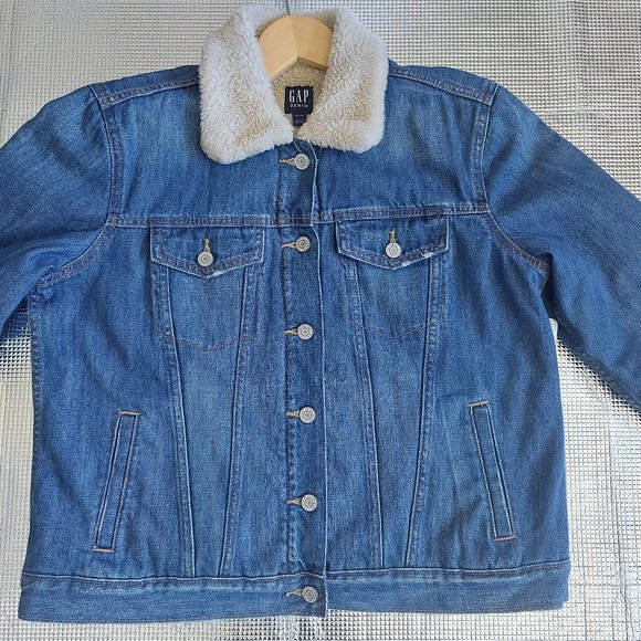 GAP Women Sherpa Lined Blue Denim Jacket Button Size XL - Picture 1 of 11